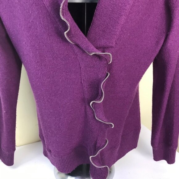 Colour Works Zip Ruffle Wool Sweater Jacket Cardigan Zipper Snap Frill Soft Top - Picture 2 of 11